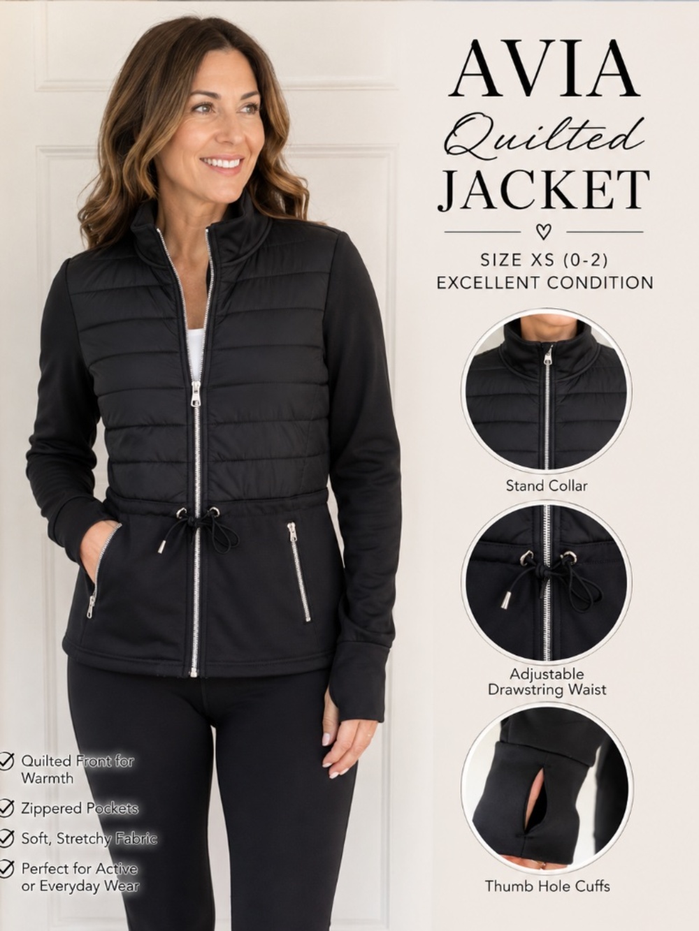 AVIA Black Quilted Active Jacket XS 0-2 Full Zip Thumb Holes